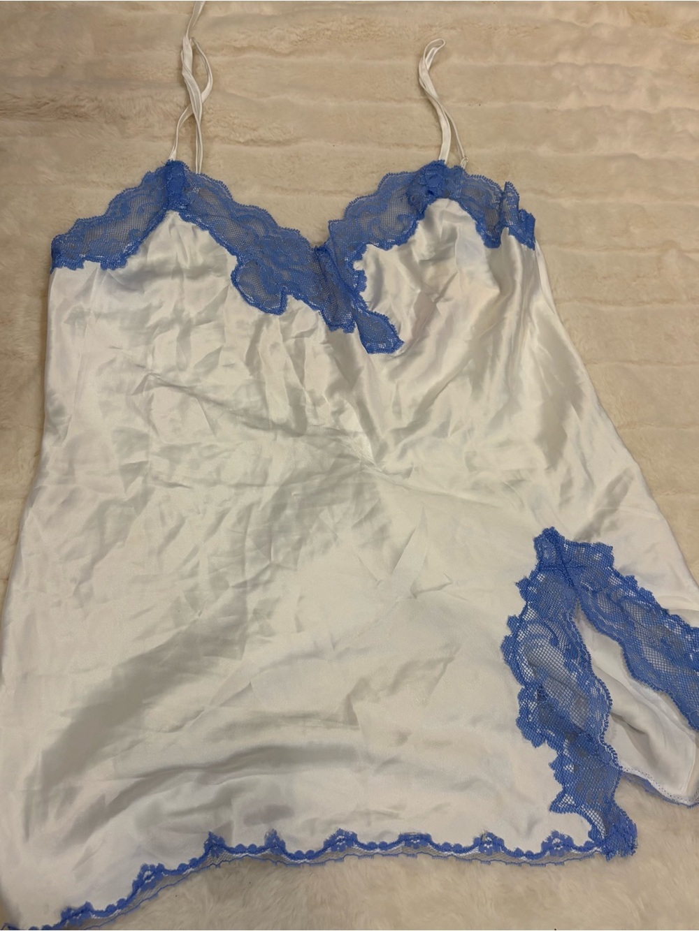 Vintage White Satin Chemise with Blue Lace Trim